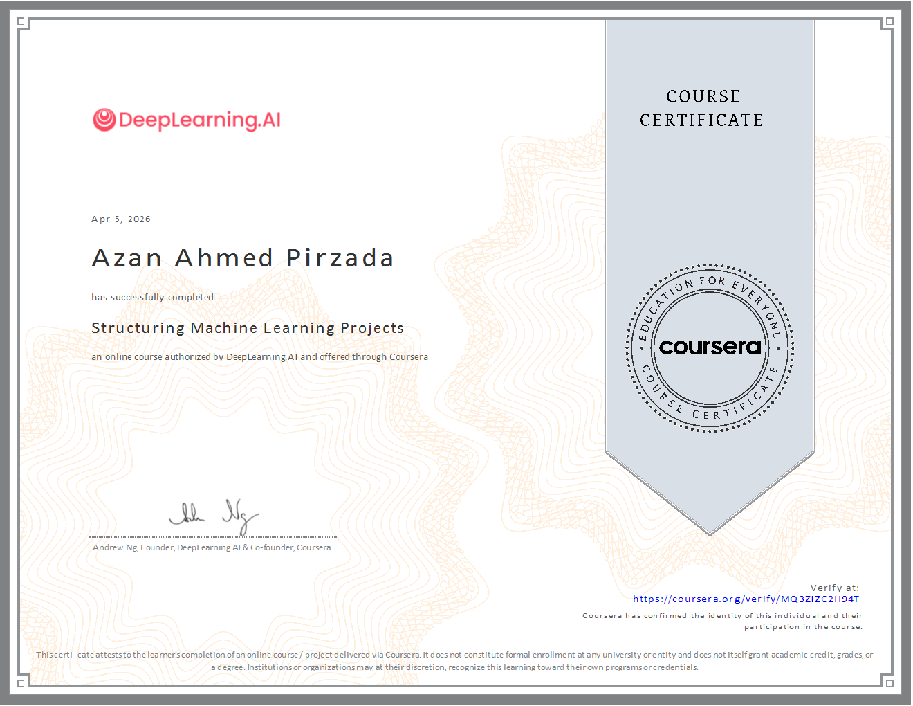 Deep Learning Specialization Course 3 Certificate